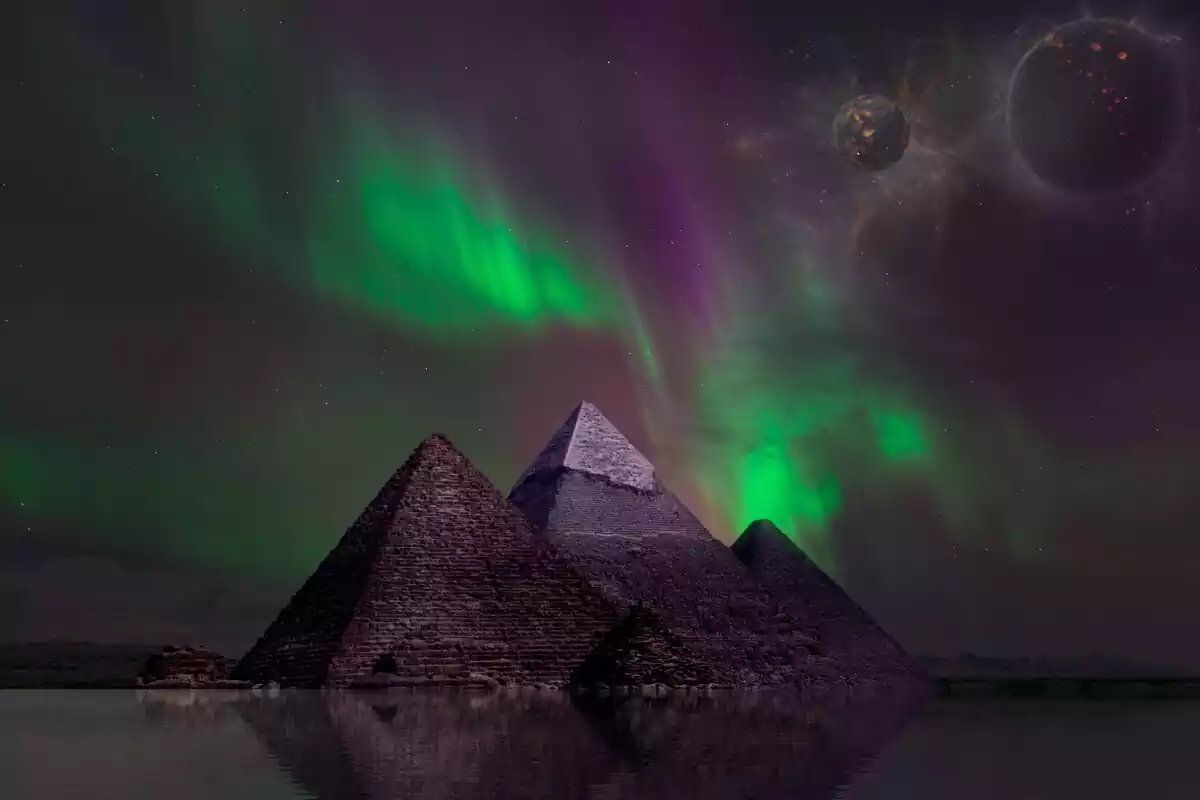 Tres pirámides de Egipto con una aurora boreal