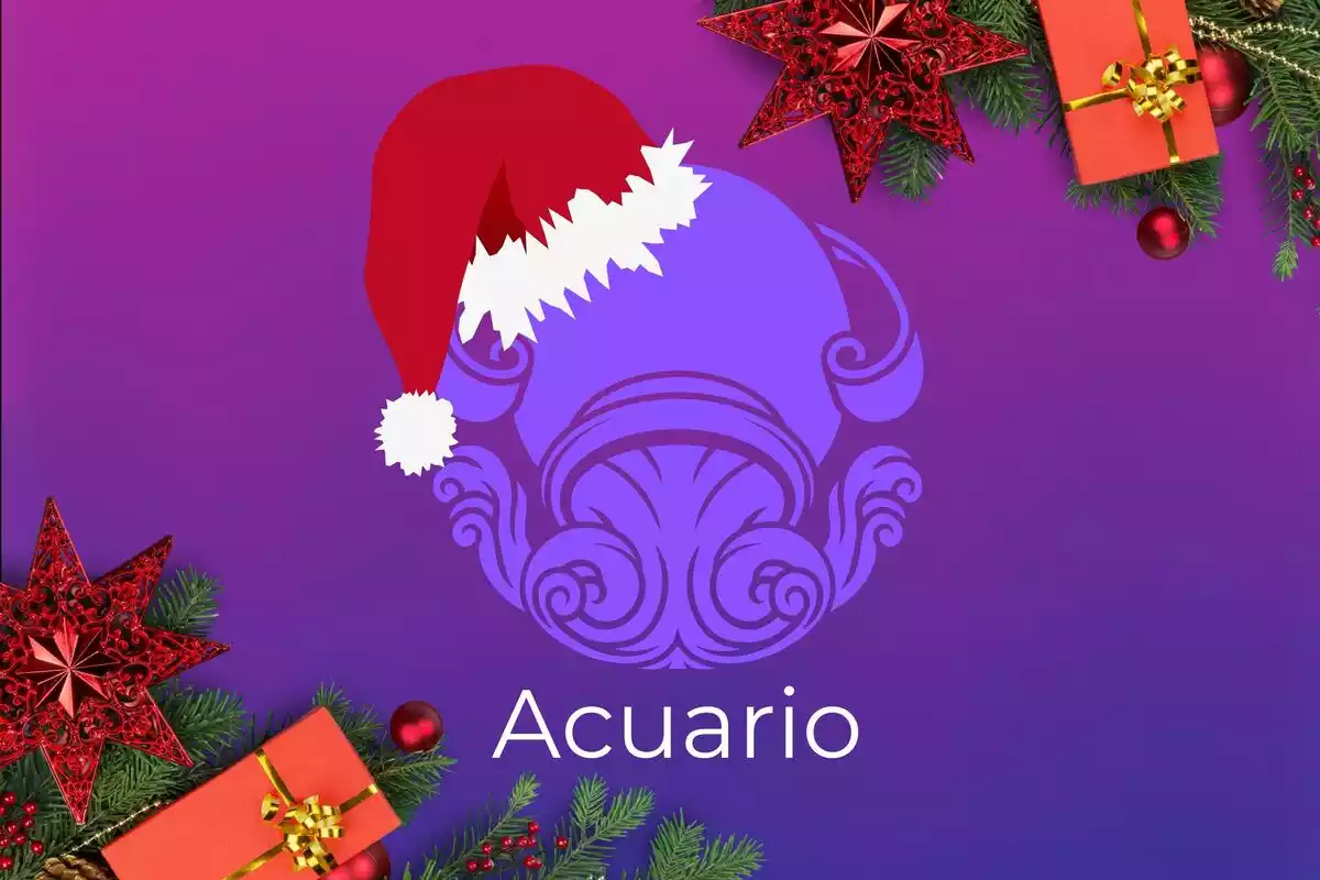 Imagen de Acuario sobre un fondo violeta con detalles de Navidad