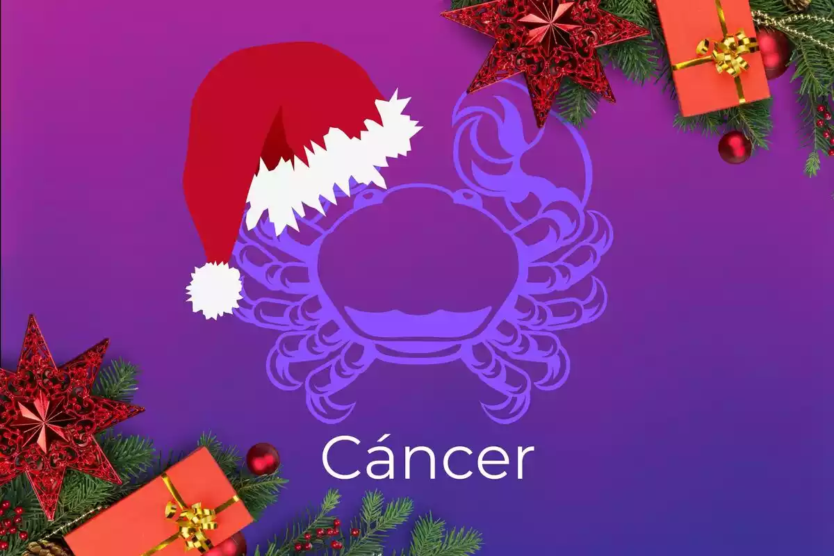 Imagen de Cáncer sobre un fondo violeta con detalles de Navidad