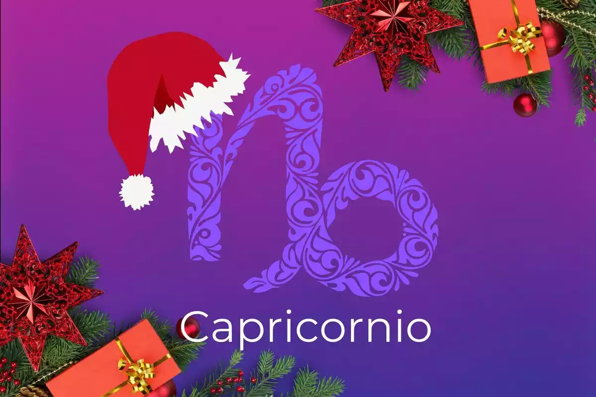 Imagen de Capricornio sobre un fondo violeta con detalles de Navidad