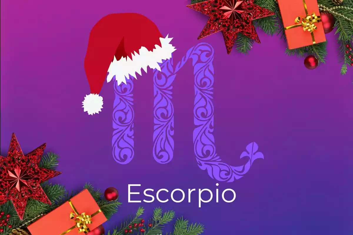 Imagen de Escorpio sobre un fondo violeta con detalles de Navidad