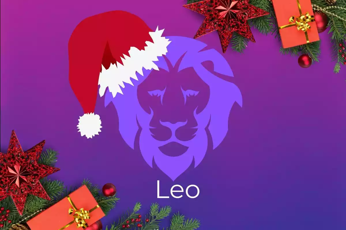 Imagen de Leo sobre un fondo violeta con detalles de Navidad