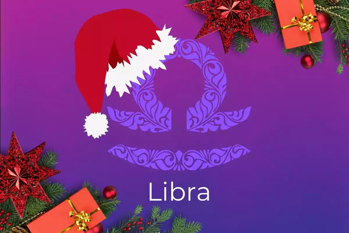 Imagen de Libra sobre un fondo violeta con detalles de Navidad