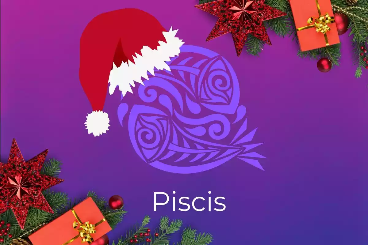 Imagen de Piscis sobre un fondo violeta con detalles de Navidad