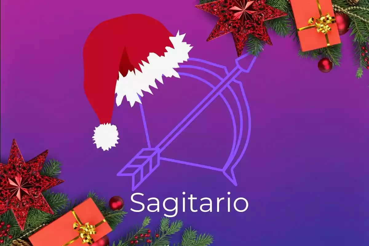 Imagen de Sagitario sobre un fondo violeta con detalles de Navidad