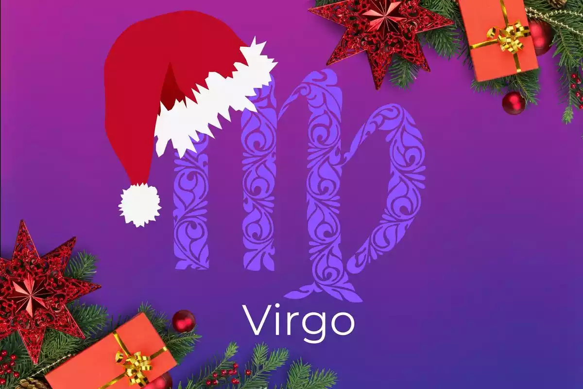 Imagen de Virgo sobre un fondo violeta con detalles de Navidad