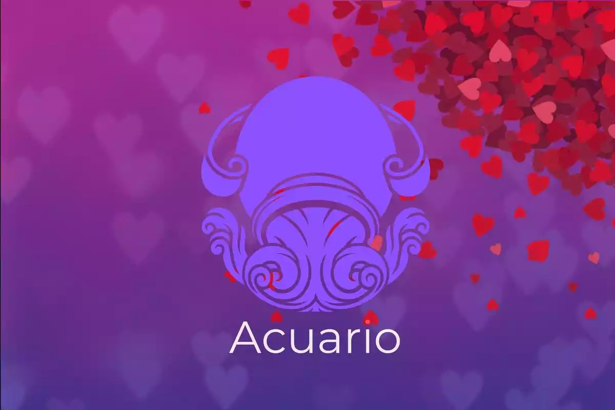 Imagen de Acuario sobre un fondo violeta con corazones rojos alrededor