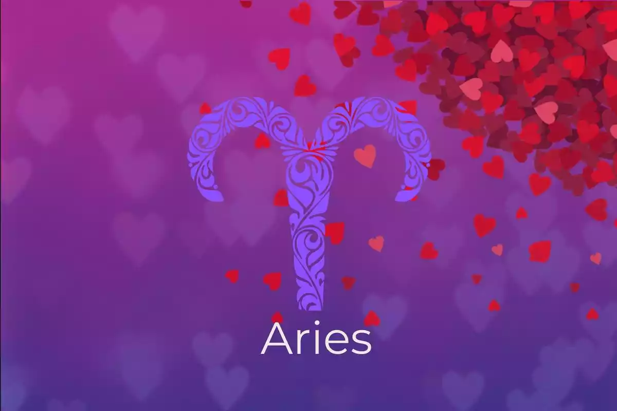 Imagen de Aries sobre un fondo violeta con corazones rojos alrededor