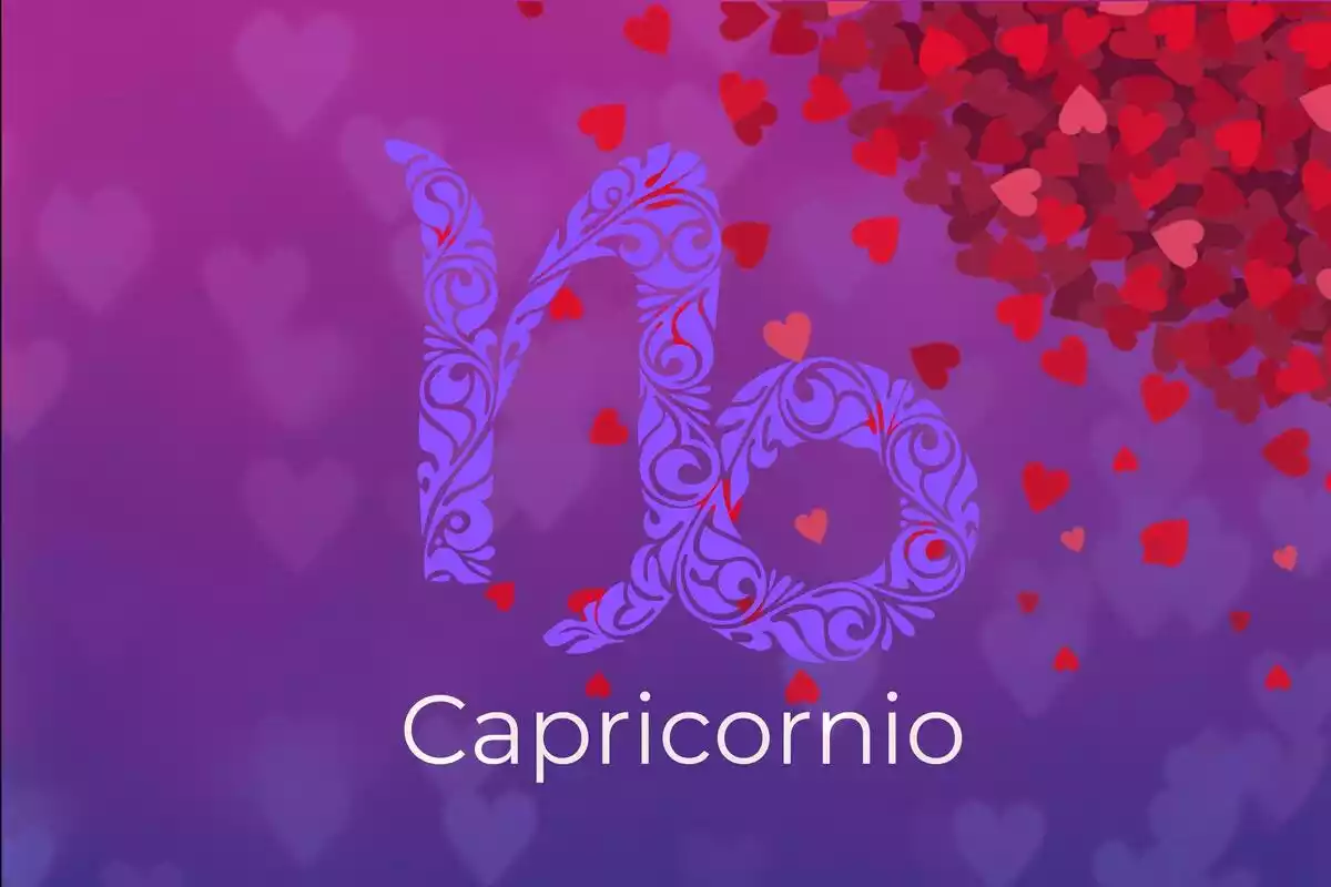 Imagen de Capricornio sobre un fondo violeta con corazones rojos alrededor