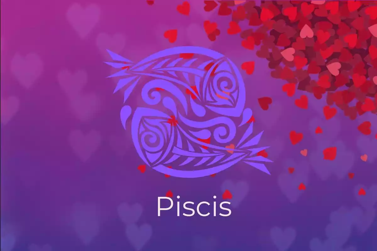 Imagen de Piscis sobre un fondo violeta con corazones rojos alrededor