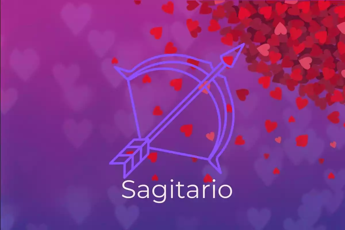 Imagen de Sagitario sobre un fondo violeta con corazones rojos alrededor