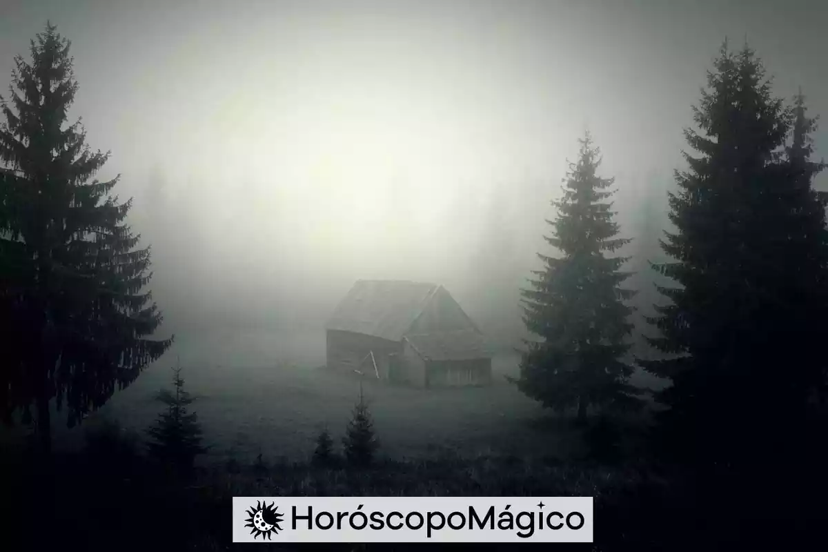 Imagen en blanco y negro de un bosque con niebla y árboles y una casa de madera en el centro