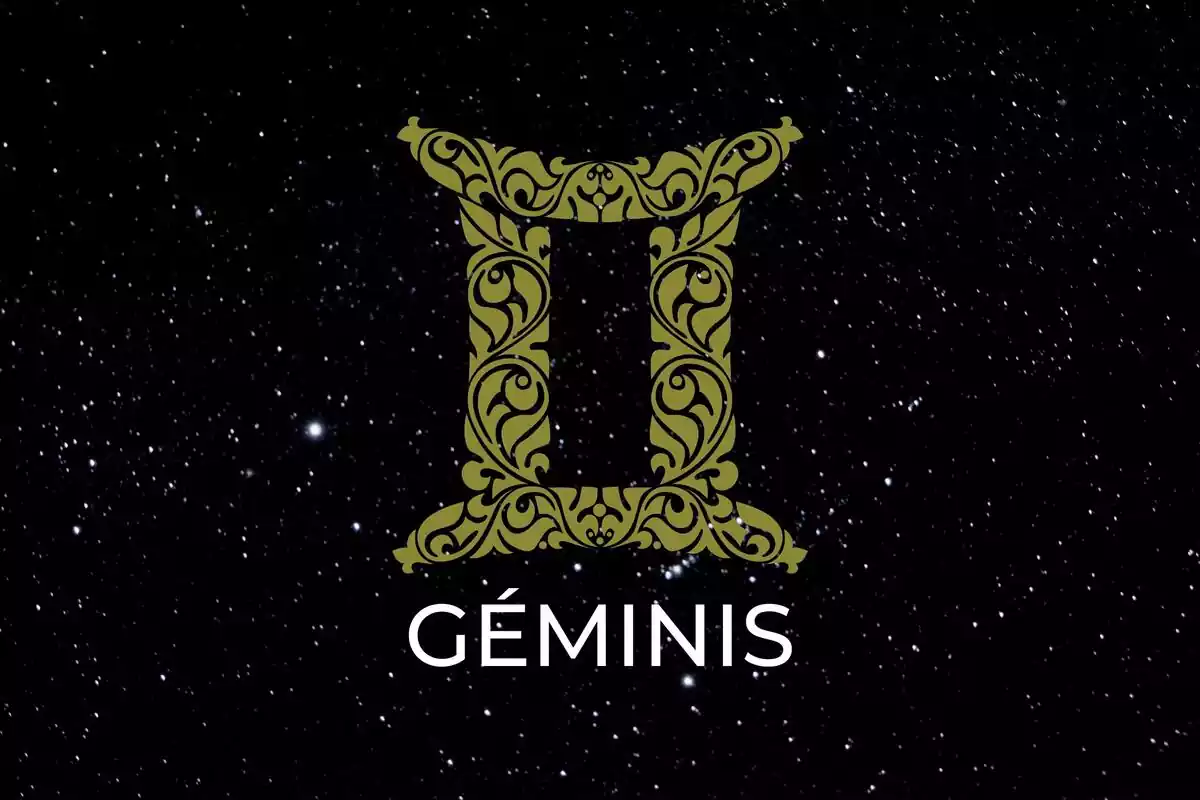 Logo de Géminis de color dorado sobre un fondo negro estrellado