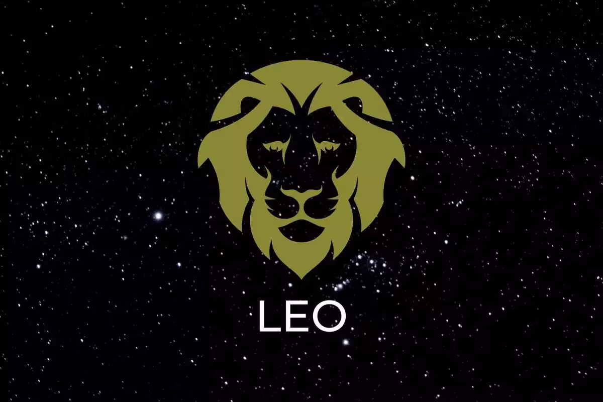 Logo de Leo de color dorado sobre un fondo negro estrellado