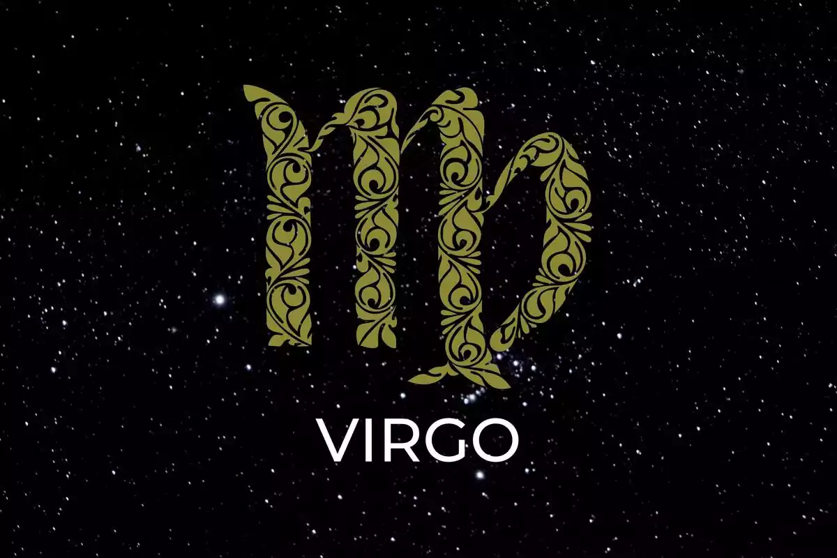 Logo de Virgo de color dorado sobre un fondo negro estrellado