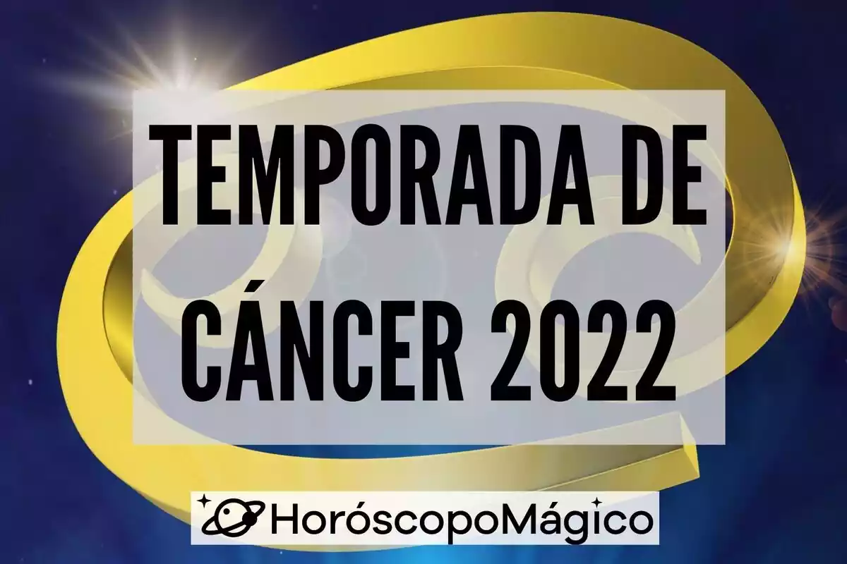 Logo del Signo cáncer de fondo en dorado con el texto "temporada de cáncer 2022" en el centro