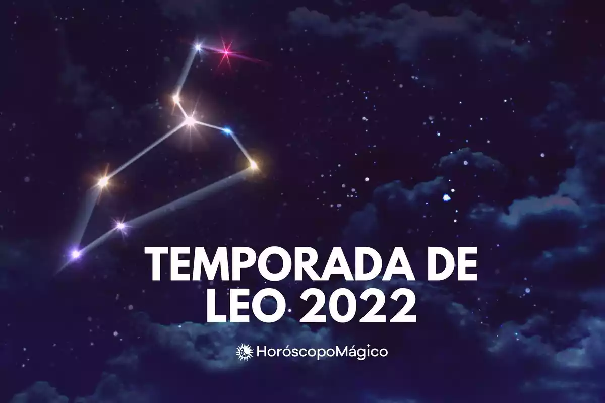 Imagen de la constelación de Leo sobre un cielo nublado y estrellado con la frase 'Temporada de Leo 2022'