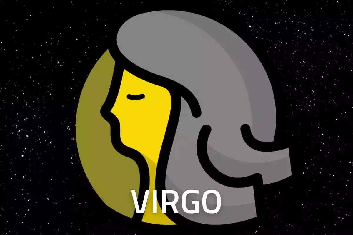 Logo de Virgo de color dorado sobre un fondo negro estrellado y la palabra Virgo con letras blancas