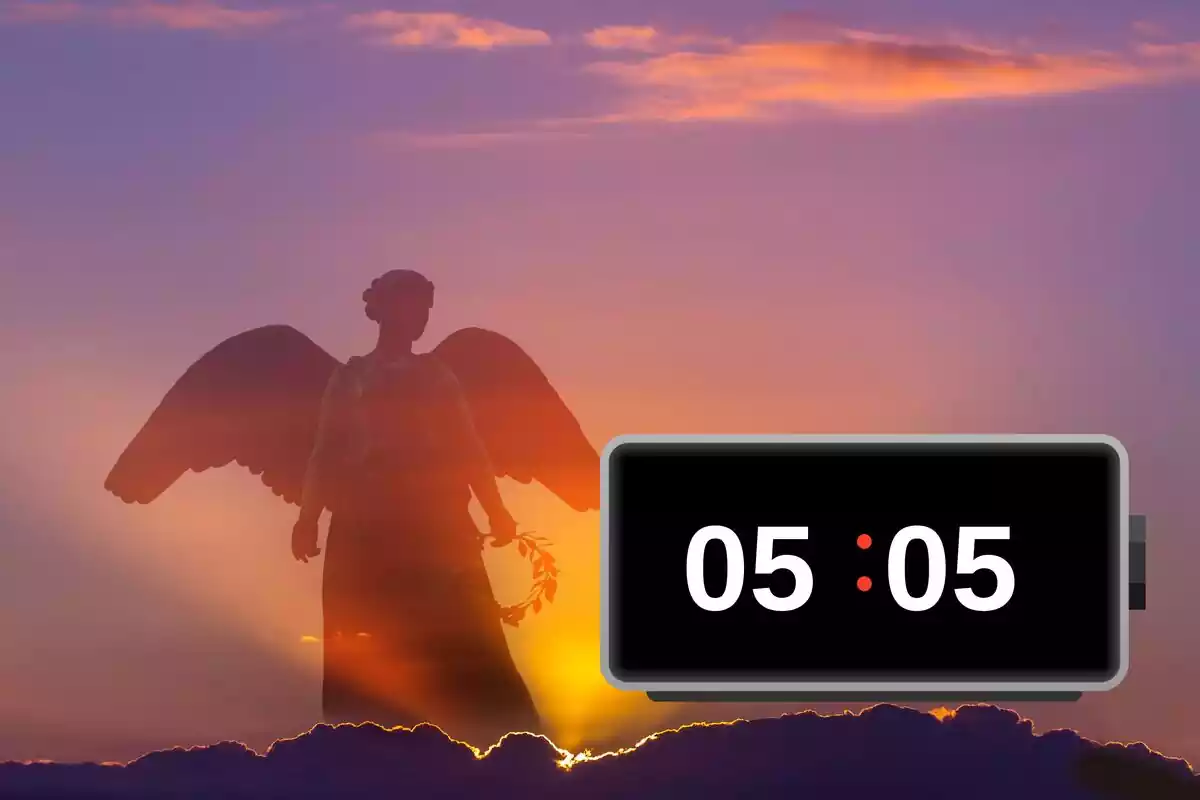 Ángel sobre un amanecer con la hora 05:05