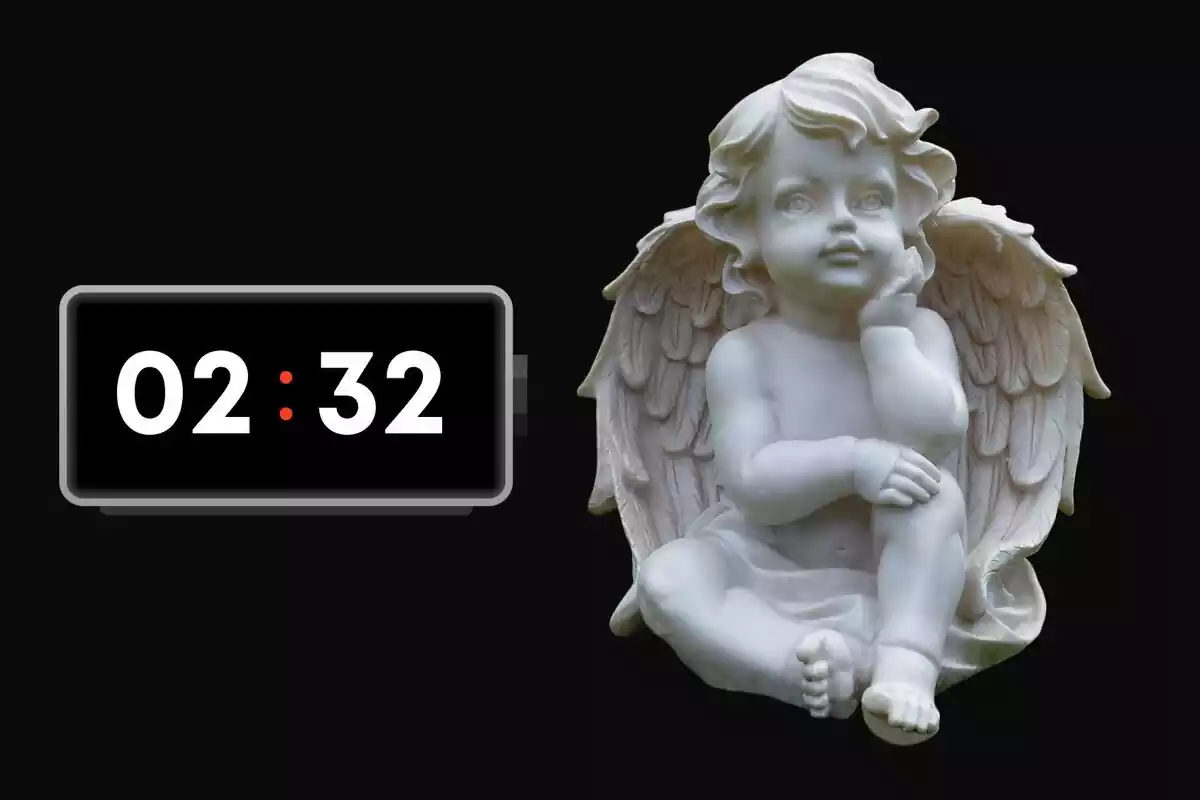 Un ángel sentado con el fondo negro y un marcador con la hora 02:32