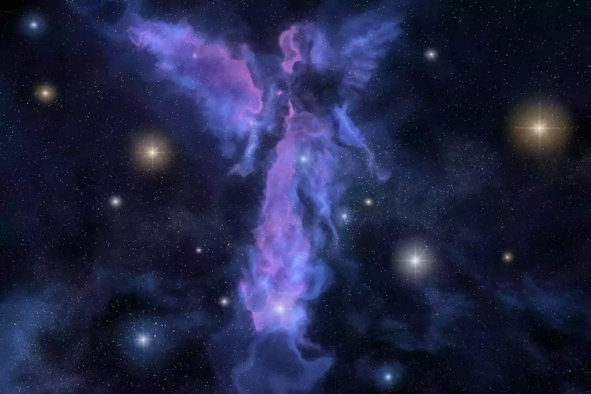 Universo con una sobra lila con la forma de un ángel