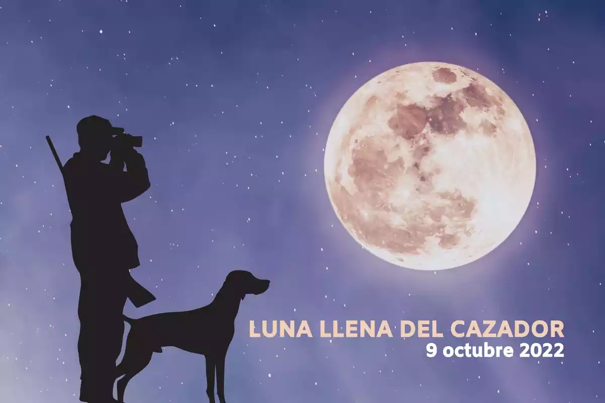 Imagen de una luna llena en un cielo estrellado con la silueta de un cazador con su perro al lado