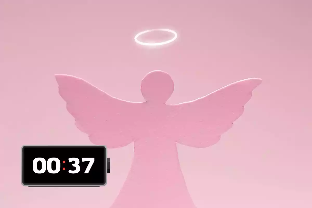 Imagen de un ángel con un fondo rosado y un reloj al lado que marca las 00:37