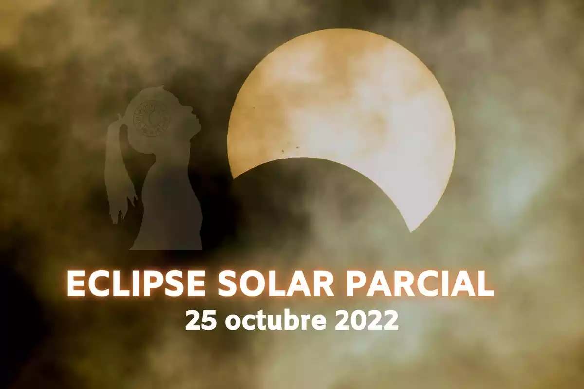 Imagen de un Eclipse de Sol parcial con la silueta de una mujer al lado y la frase 'Eclipse Solar Parcial, 25 de octubre de 2022'