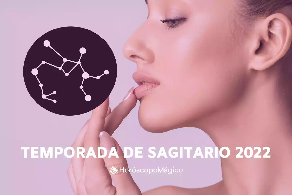 Imagen de una chica tocándose los labios con la yema de los dedos y el dibujo de la constelación de Sagitario al lado