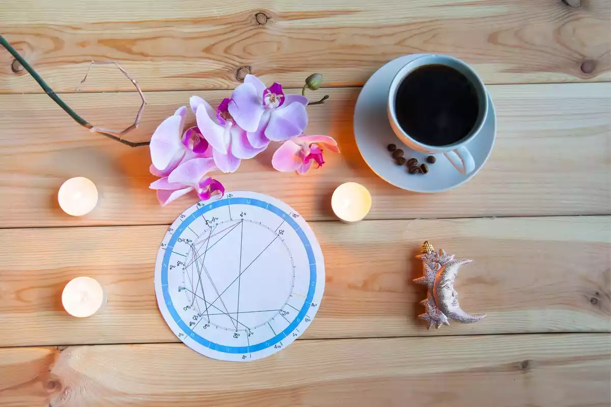 Una taza de café con símbolos de astrología y varias velas y flores