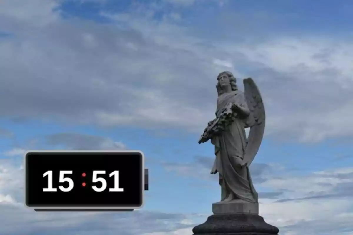 Estatua de ángel con la hora 15:51