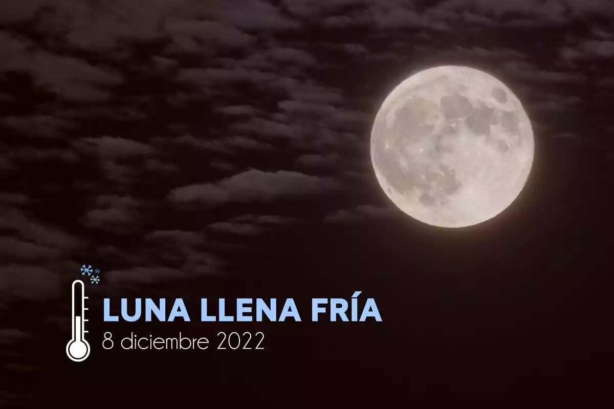 Imagen de una Luna Llena sobre un cielo nublado con la frase 'Luna Llena Fría - 8 diciembre 2022'