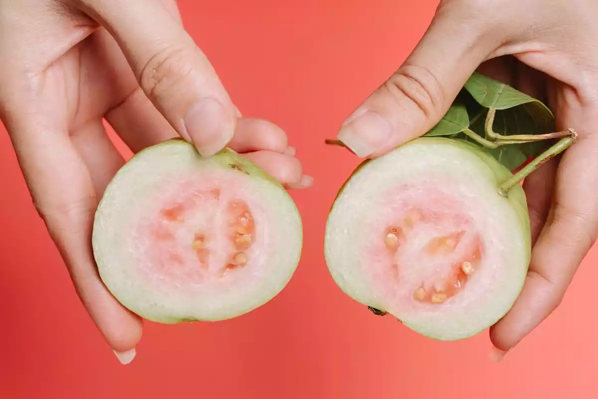 Primer plano de unas manos cogiendo una guayaba abierta