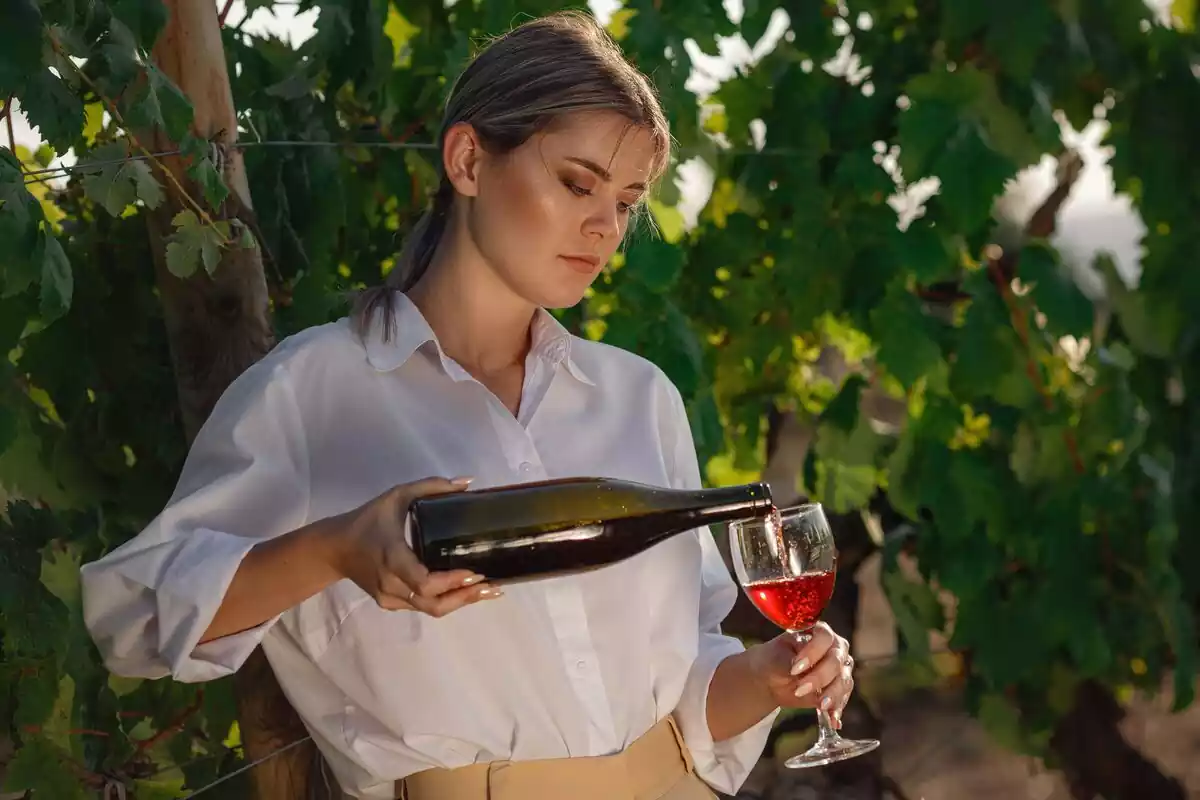 Una chica sujetando una copa y poniendo vino