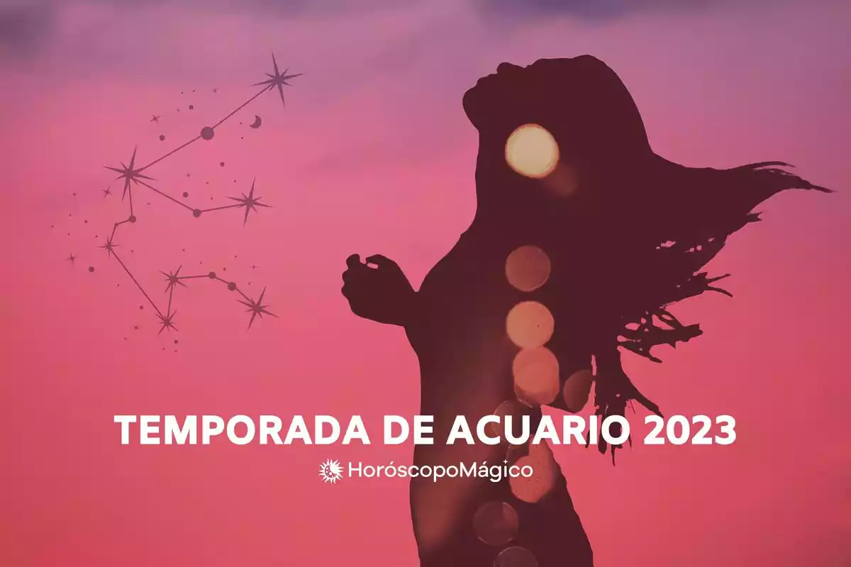 Silueta de una mujer de perfil, con la constelación de Acuario al lado y la frase 'Temporada de Acuario 2023'