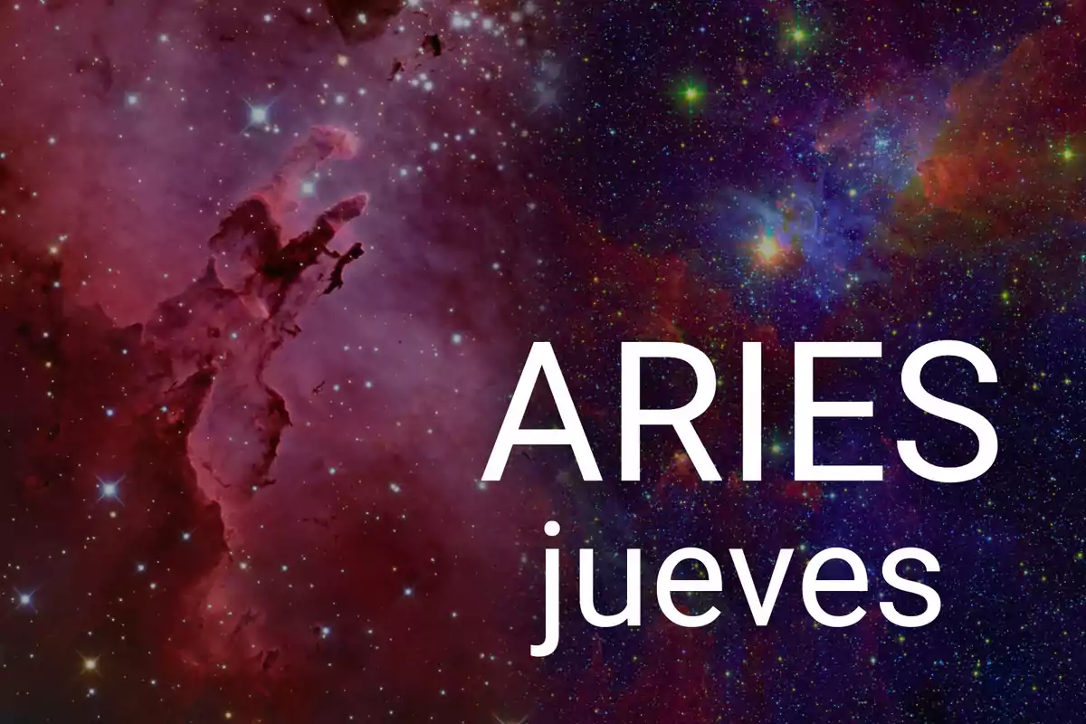 Fondo de galaxia colorida con las palabras ARIES jueves en letras grandes blancas