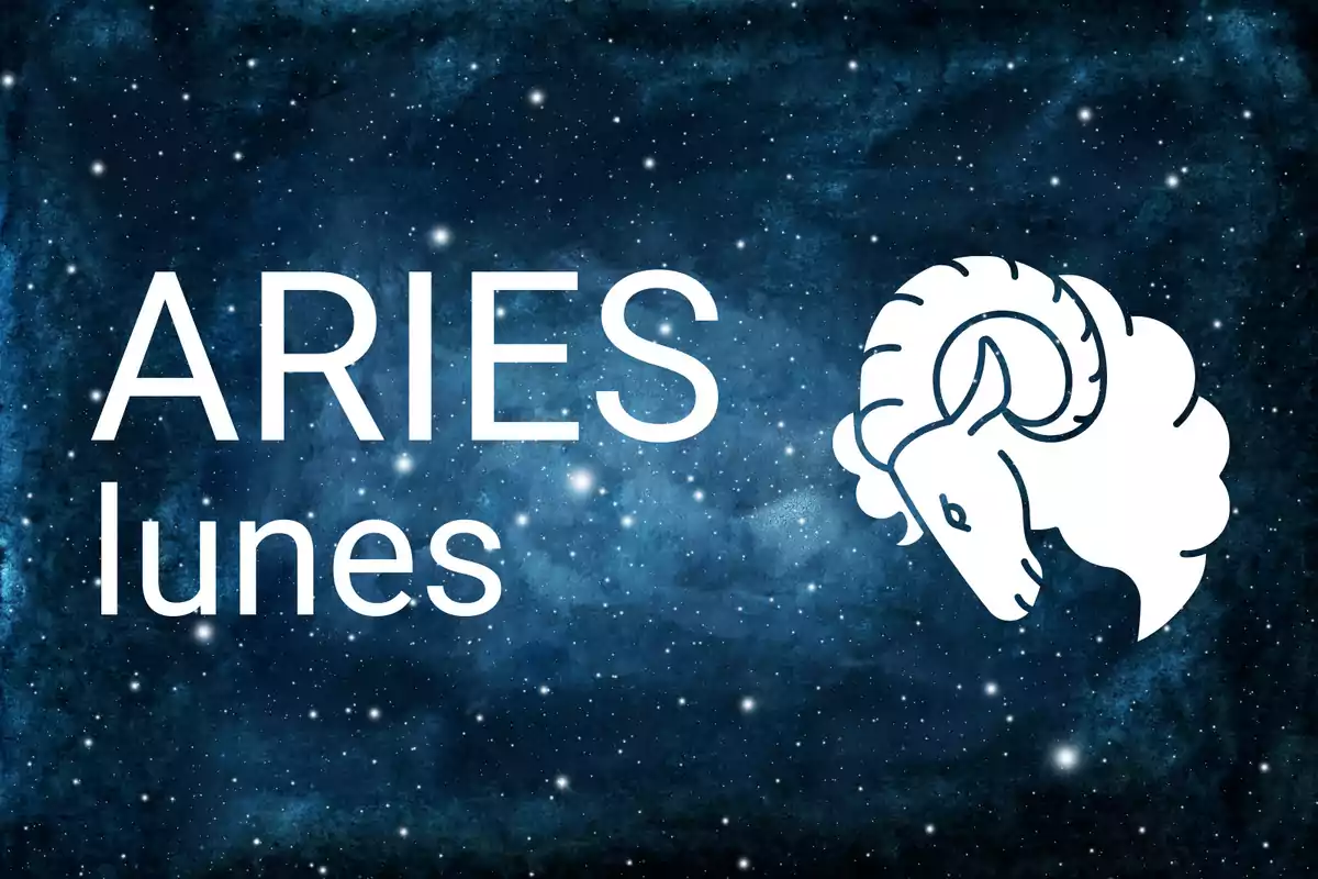 Fondo de estrellas con la palabra Aries, lunes y la ilustración de la cabeza de un carnero