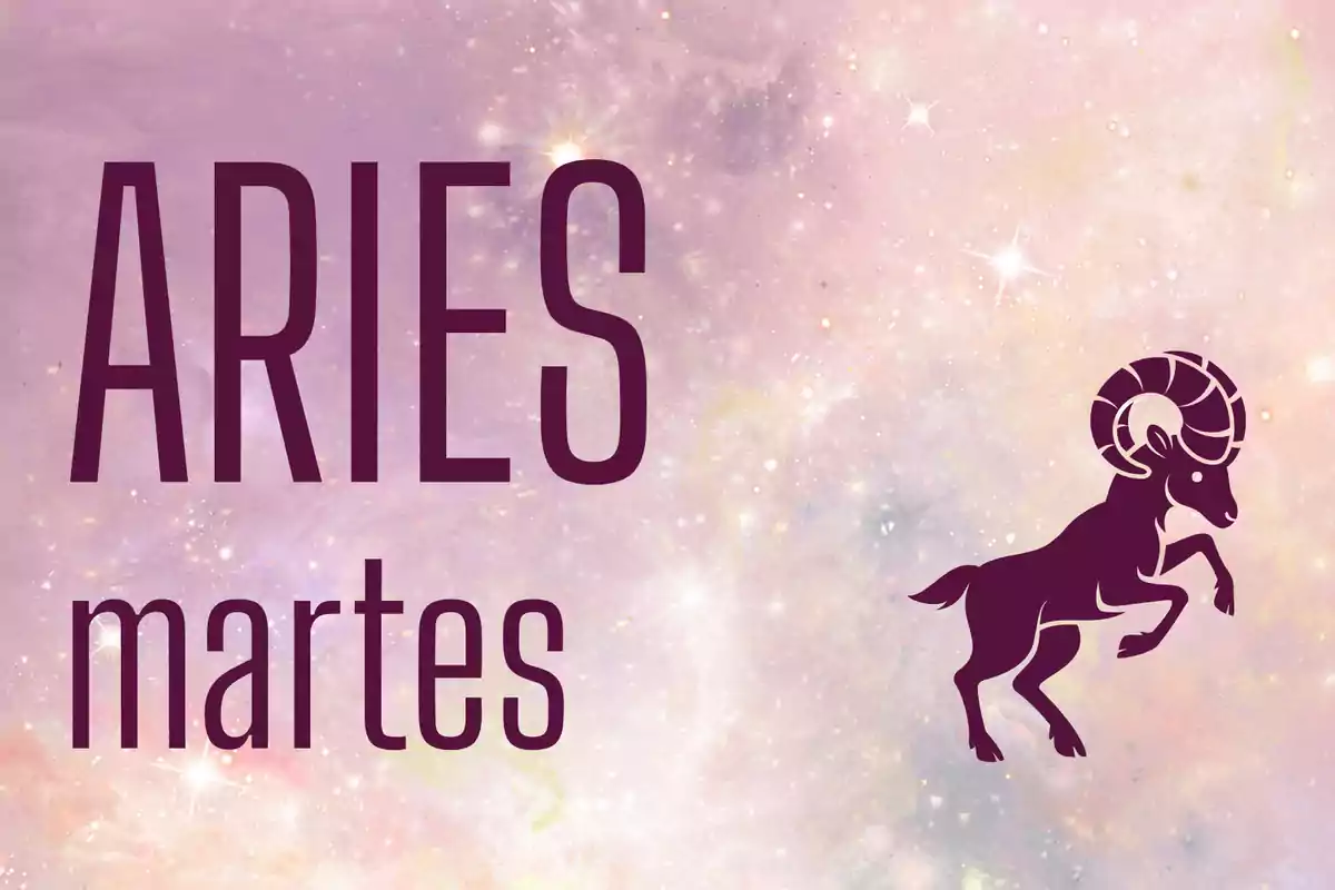 Fondo de estrellas con la palabra Aries, el día martes y la silueta de un carnero