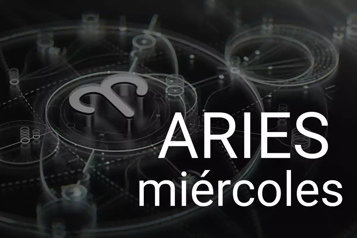 Símbolo del signo zodiacal Aries con fondo de diseño futurista y las palabras Aries miércoles en letras grandes blancas