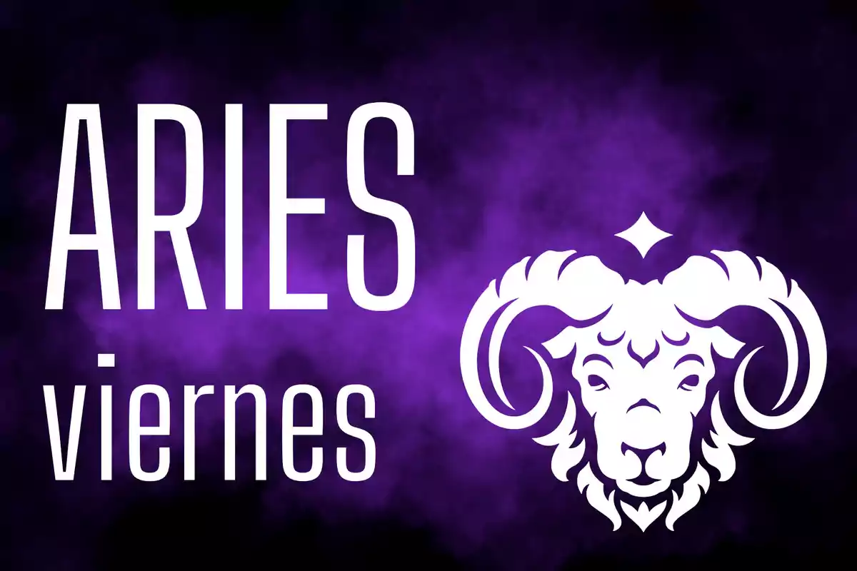 Fondo morado con la palabra Aries, la palabra viernes y la ilustración de la cabeza de un carnero blanco