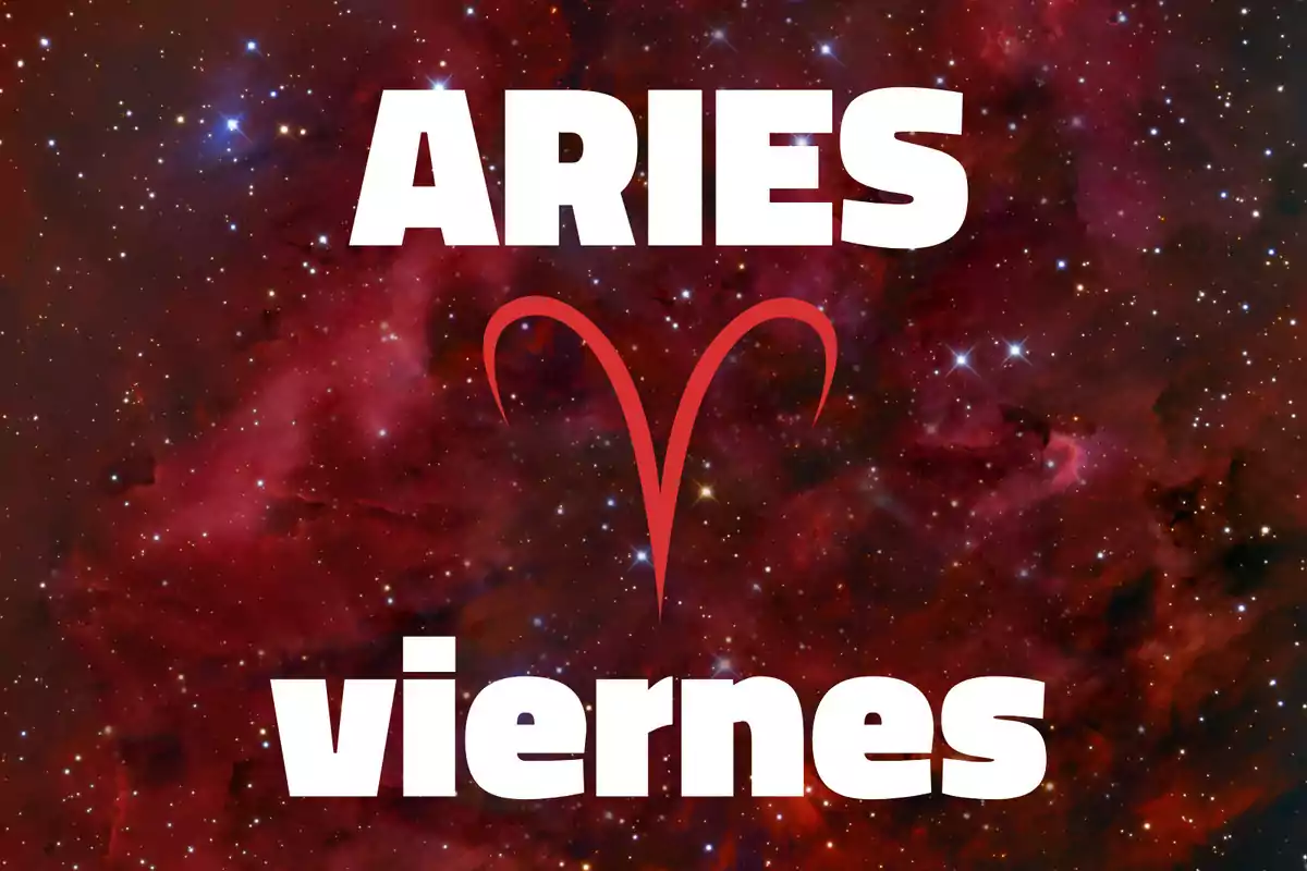 Fondo de galaxia roja con la palabra Aries en la parte superior, el símbolo del signo en el centro y la palabra viernes en la parte inferior