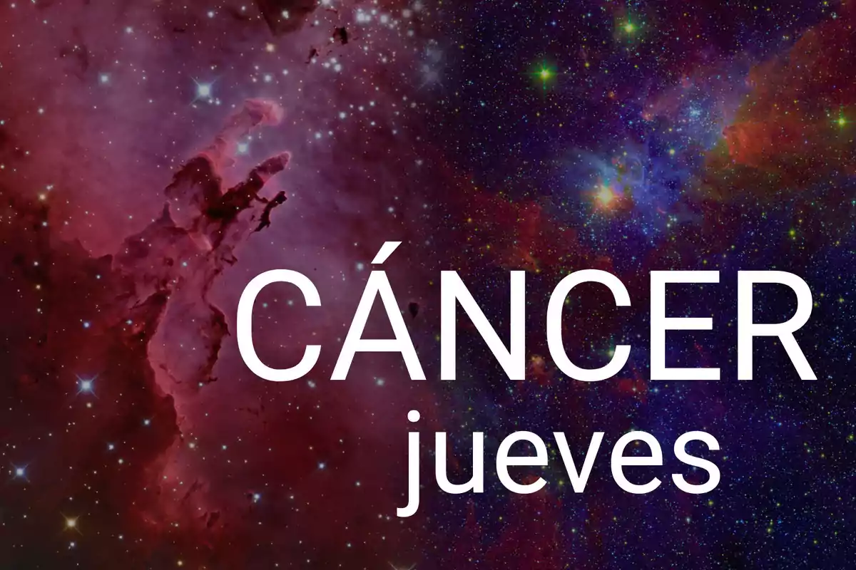 Fondo de galaxia con las palabras Cáncer jueves en letras grandes blancas