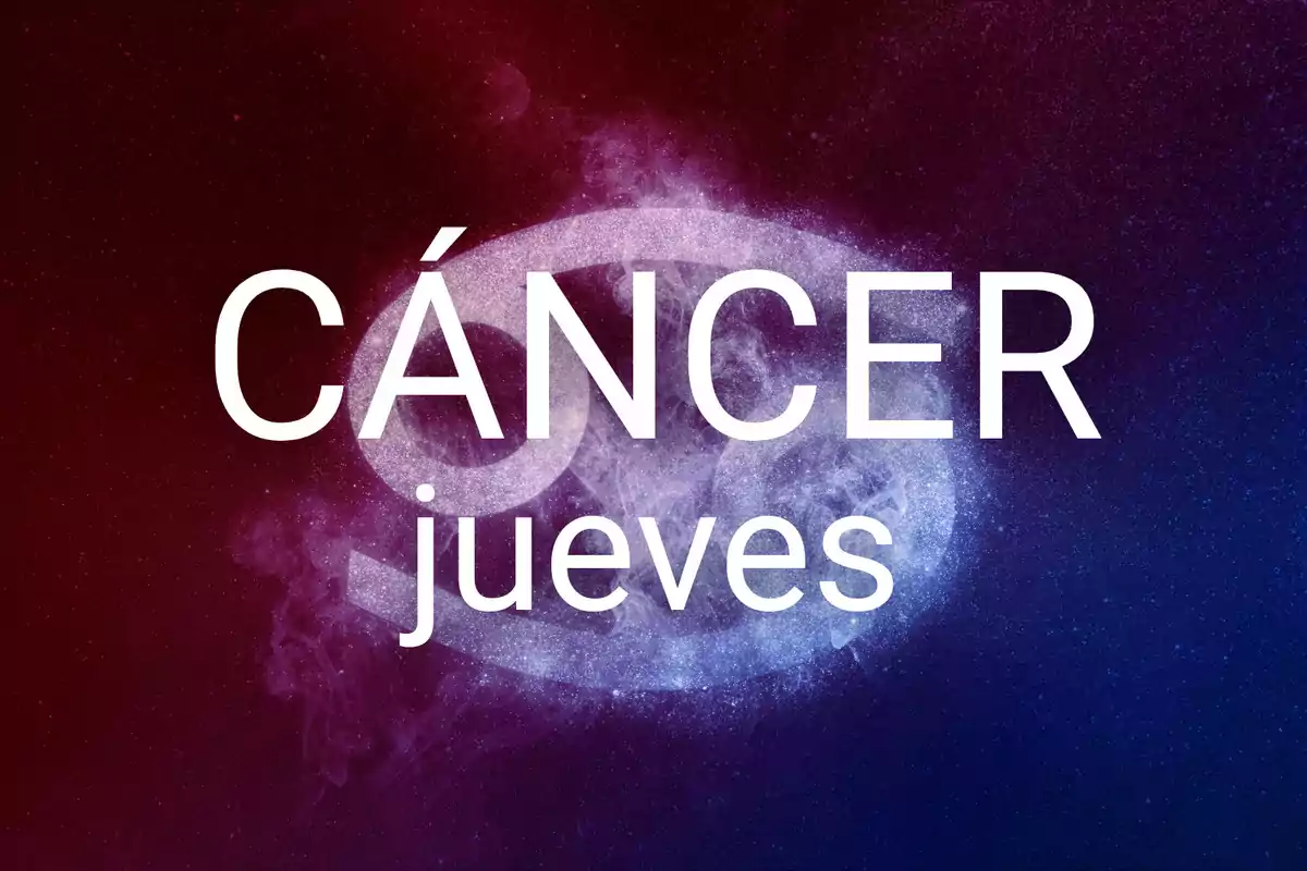 Fondo de colores rojo y azul con el símbolo de Cáncer y las palabras Cáncer jueves en el centro