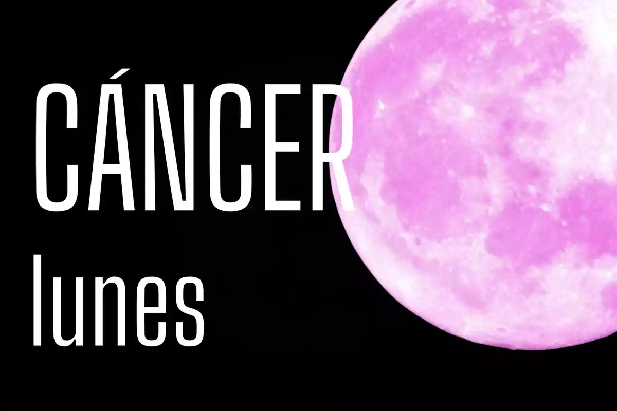 Fondo negro con una luna llena rosa y las palabras Cáncer y lunes en letras blancas
