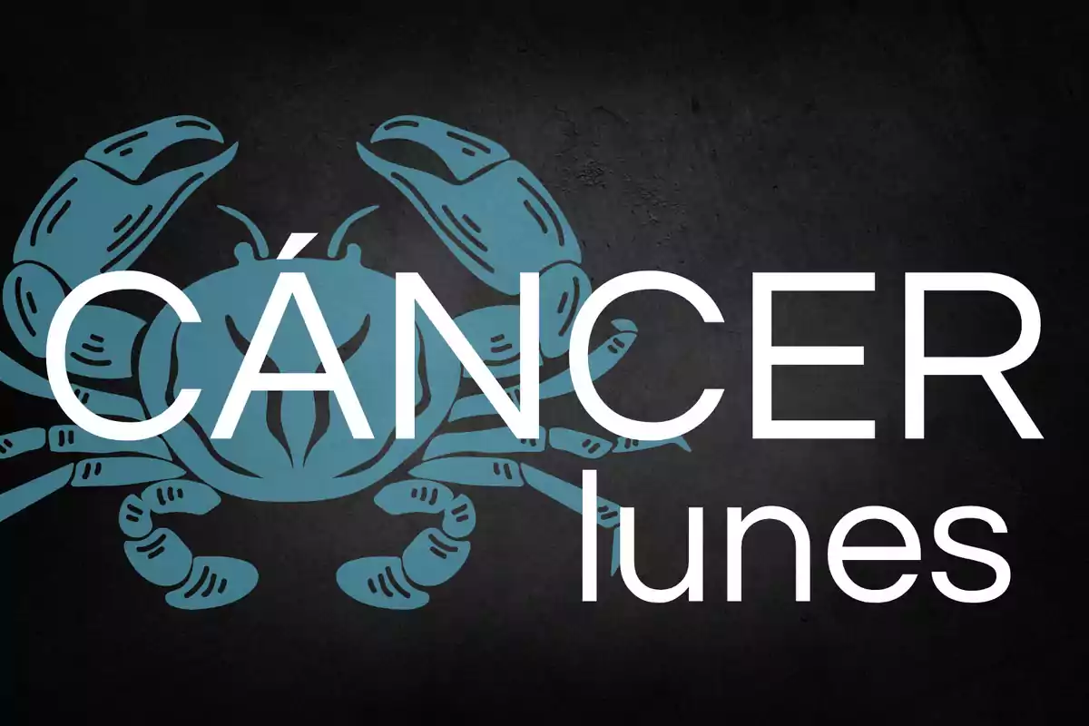 Cangrejo azul de fondo con las palabras Cáncer y lunes en letras grandes blancas sobre un fondo oscuro