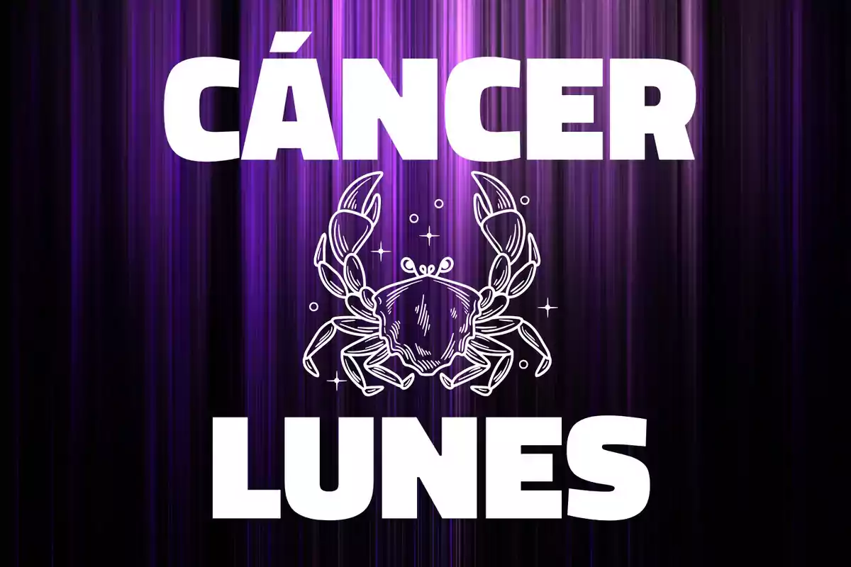 Fondo de líneas moradas con la palabra Cáncer en la parte superior, un dibujo de cangrejo en el centro y la palabra Lunes en la parte inferior