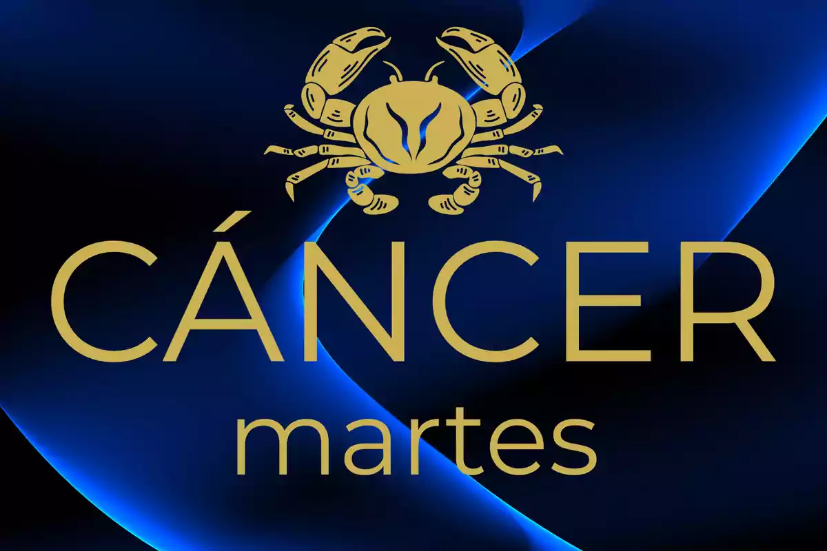 Cangrejo dorado sobre fondo azul con la palabra Cáncer y martes en letras grandes