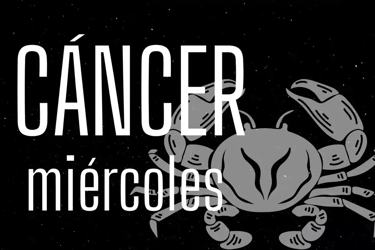 Fondo de estrellas con la palabra Cáncer en grande, miércoles en letras más pequeñas y un dibujo de cangrejo gris detrás del texto.