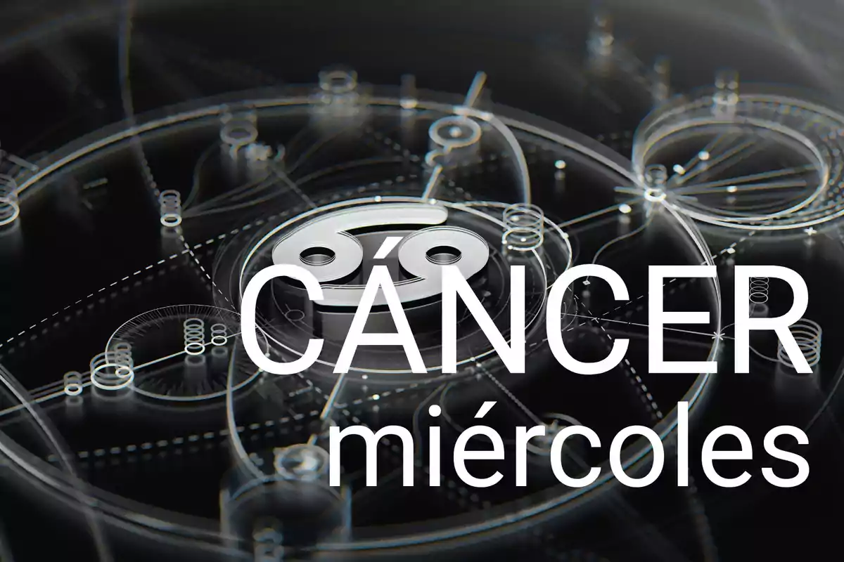 Símbolo del signo zodiacal Cáncer con la palabra miércoles en letras grandes sobre un fondo oscuro con líneas y figuras geométricas.