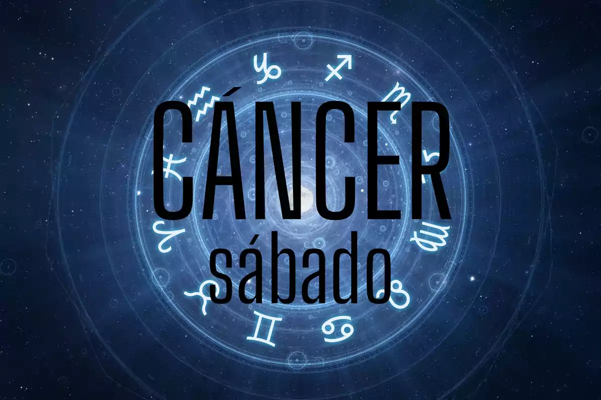 Fondo azul oscuro con símbolos zodiacales y las palabras Cáncer sábado en el centro